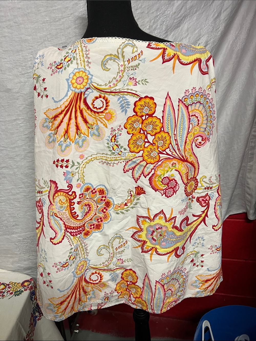 White Floral Paisley Cotton Fabric Panel - Vibrant Multicolor Print Boho